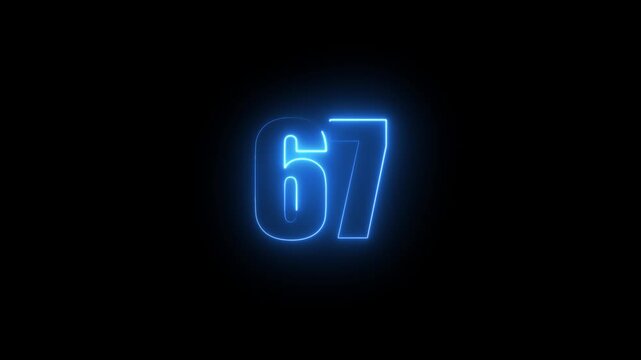 Abstract glowing neon text 67 number countdown icon. Glowing sign on black background Neon number 6767 with alpha channel, simple blue neon color. Seamless loop style animation