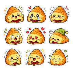 Obraz premium Jam Croissantette Reaction Sticker Icon Set Kawaii Food Emoji Vector 