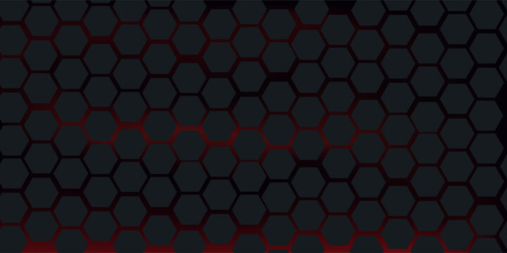 Abstract dark hexagon pattern on red neon background technology style.