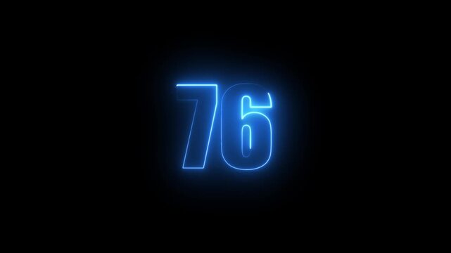 Abstract glowing neon text 76 number countdown icon. Glowing sign on black background Neon number 76 with alpha channel, simple blue neon color. Seamless loop style animation