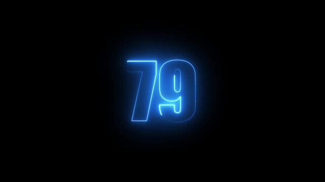 Abstract glowing neon text 79 number countdown icon. Glowing sign on black background Neon number 79 with alpha channel, simple blue neon color. Seamless loop style animation