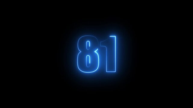 Abstract glowing neon text 81 number countdown icon. Glowing sign on black background Neon number 81 with alpha channel, simple blue neon color. Seamless loop style animation