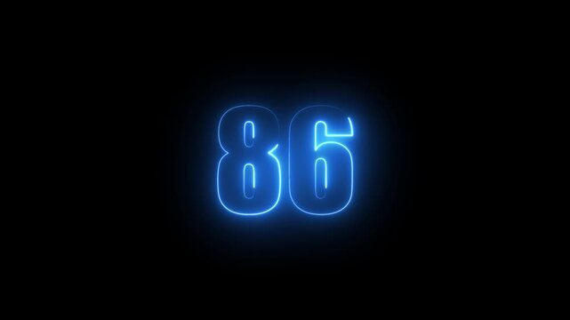 Abstract glowing neon text 86 number countdown icon. Glowing sign on black background Neon number 86 with alpha channel, simple blue neon color. Seamless loop style animation