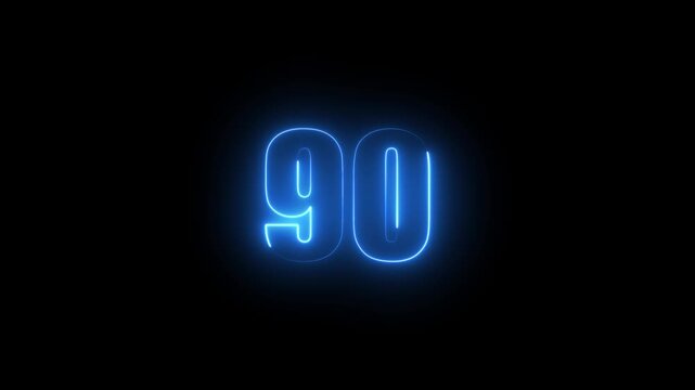 Abstract glowing neon text 90 number countdown icon. Glowing sign on black background Neon number 9090 with alpha channel, simple blue neon color. Seamless loop style animation