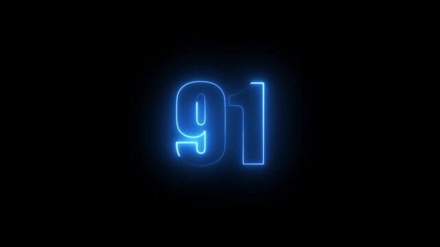 Abstract glowing neon text 91 number countdown icon. Glowing sign on black background Neon number 91 with alpha channel, simple blue neon color. Seamless loop style animation