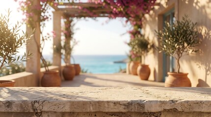 Naklejka na ściany i meble Empty stone table on sunny Mediterranean terrace background with sea view and pink flowers for product advertisement.