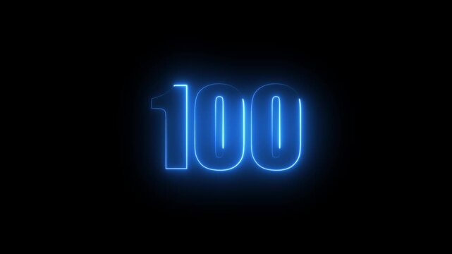 Abstract glowing neon text 100 number countdown icon. Glowing sign on black background Neon number 10090 with alpha channel, simple blue neon color. Seamless loop style animation