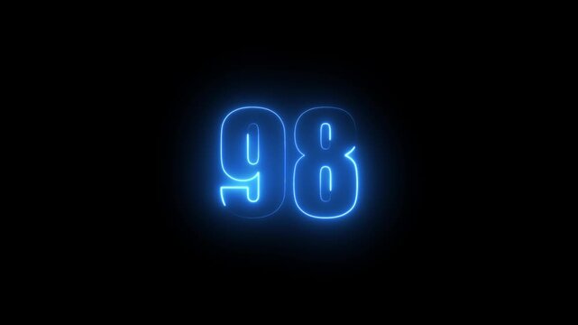 Abstract glowing neon text 98 number countdown icon. Glowing sign on black background Neon number 98 with alpha channel, simple blue neon color. Seamless loop style animation