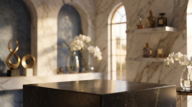 Empty Black Marble Podium in Luxury Interior with Sunlight for Cosmetic Product Display Presentation Background Scene