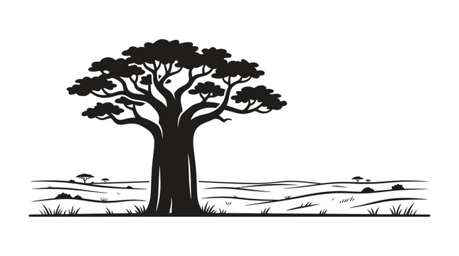 African Baobab Tree Silhouette in Savannah Landscape