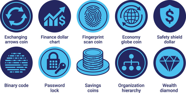 Finance and security icons collection with exchange chart fingerprint globe shield binary lock and coins.