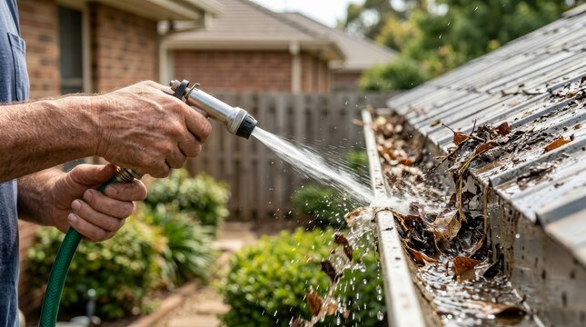 Cleaning debris from a clogged roof gutter using a garden hose and water spray for home maintenance.