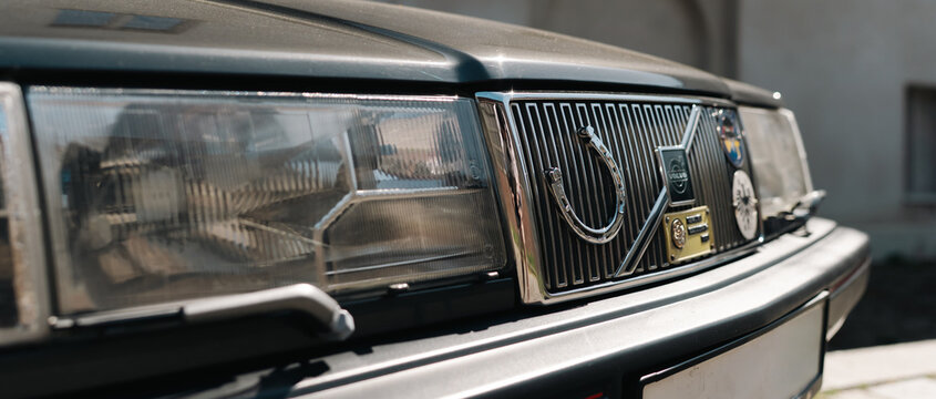 Berlin, Germany - May 3, 2026. Volvo classic car grille detail at oldtimer show.