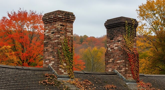 Autumn foliage framed by historic stone archways in park.