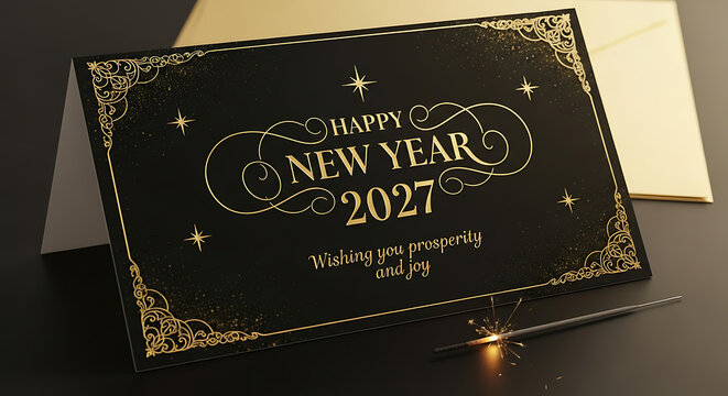 Black greeting card with gold ornate frame and happy new year 2027 text with a sparkler on a dark surface and a gold envelope in the back