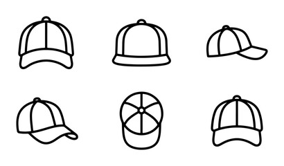 Fototapeta premium Baseball Caps Collection, Six Simple Outline Icons, Headwear Vector Graphics for Fashion and Sport