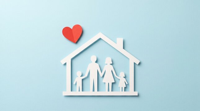 Papercut Family Home: A heartwarming representation of a family nestled within a paper house outline, symbolizing safety, love, and belonging, with a red paper heart above.
