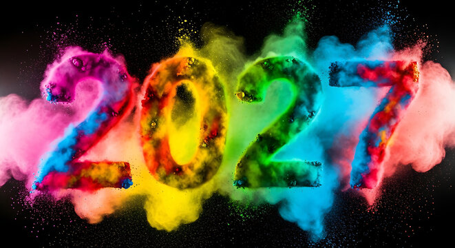 Colorful 2027 numbers formed by vibrant clouds of powder paint exploding against a solid black background, for a festive, celebration theme