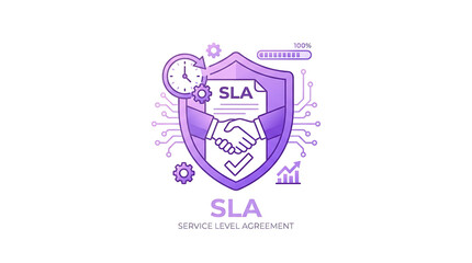 Fototapeta premium A detailed of a service level agreement featuring a handshake, clock, gears, and a shield on a white background