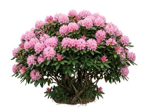 Beautiful pink rhododendron bush with many flowers blooming in spring season for garden landscaping and outdoor park decor isolated on white background