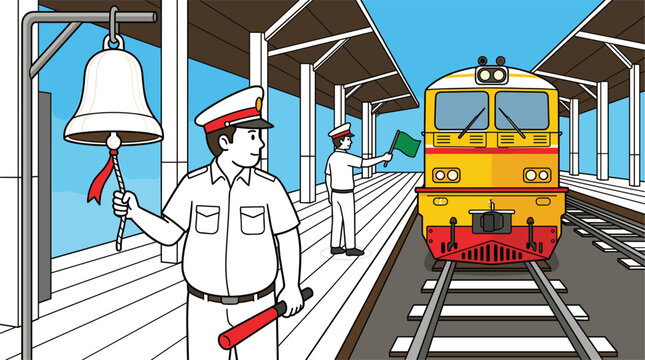 Railway Station Master Ringing Bell with Signal Flag and Train Arriving on Platform Vector Illustration Scene