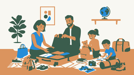Fototapeta premium Family packing luggage for travel together at home