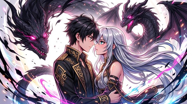 Fantasy illustration romantic couple with black and white dragons