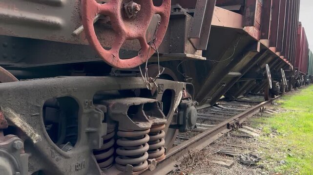 Ground-level view between rows of rusty hopper wagons in a rail yard, moving into macro detail on a wagon bogie with worn steel wheels, coil springs, and a coupling mechanism
