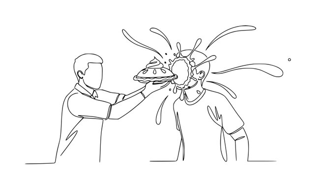 Man throwing pie in face, funny prank, messy food fight, one line art