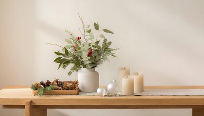 Fototapeta premium MinimalistHomeDecorWithFreshFlowersAndCandles.
