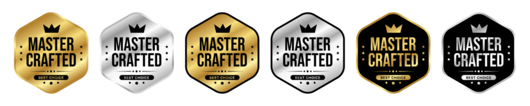 Master Crafted Premium Badge Collection with Gold, Silver and Black Luxury Quality Labels for Packaging