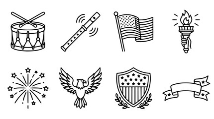 Obraz premium American Patriotic Symbols: Drum, Flag, Eagle, Torch, Fireworks Line Art