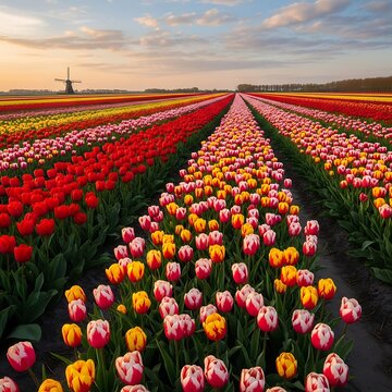 Vibrant tulip field under clear blue sky with wooden fence.