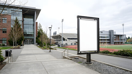 Naklejka premium empty billboard near modern buildings and sports field