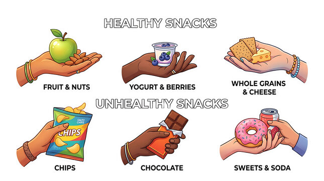 Healthy vs Unhealthy Snacks Comparison Vector Illustration Isolated on White Background
