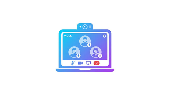 Laptop with a live conference interface showing three people, microphone, camera, and screen share controls in blue gradient
