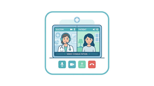 Medical consultation interface on a tablet screen with a doctor and patient in a split screen view on a white background, for healthcare
