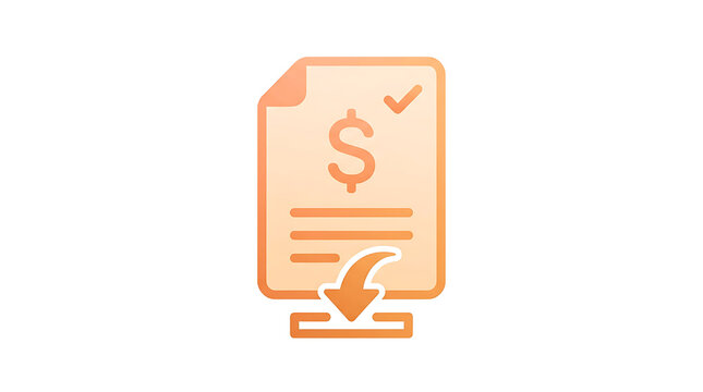 Orange gradient of a document with a dollar sign and a checkmark being downloaded with an arrow on a plain white background, for finance