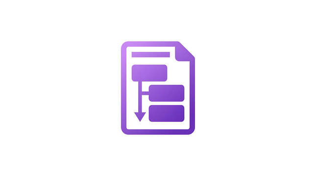 Purple gradient document with a flow chart diagram and a downward arrow, isolated on a white background, for business process visuals