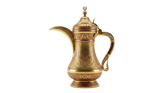 Ornate golden arabic dallah coffee pot with detailed traditional engravings and a dark wooden handle, isolated on a plain white background