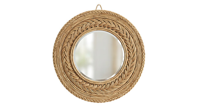 Round wall mirror featuring a decorative woven rattan frame with intricate braided texture patterns hanging against a clean plain white background