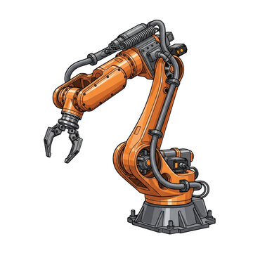 highly detailed vector illustration of a safety orange industrial robotic arm with a precision pincer gripper, dynamically posed on a transparent background with sharp geometric shadows. concept of