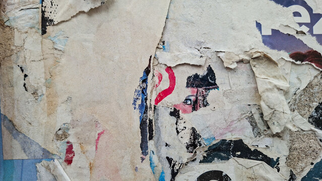 Old and weathered paper, torn and ripped street poster background, messy art collage