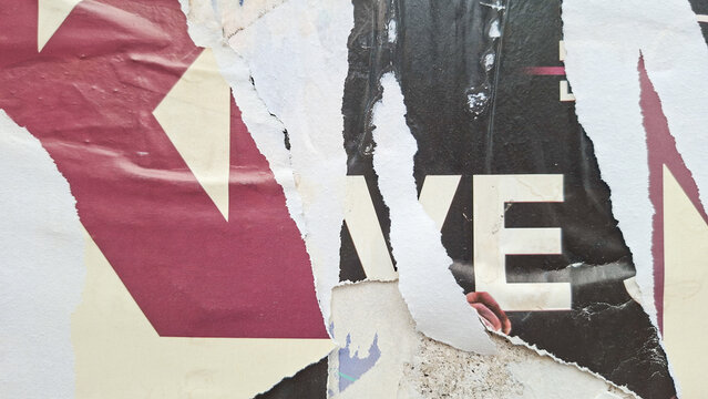 Old and weathered paper, torn and ripped street poster background, messy art collage
