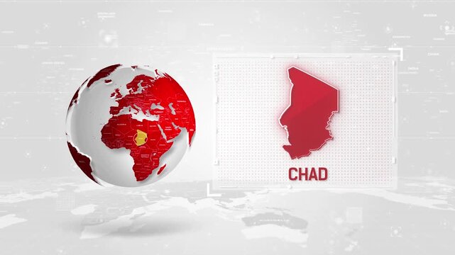 Chad 4K Tech Map Beside Globe On White Background.