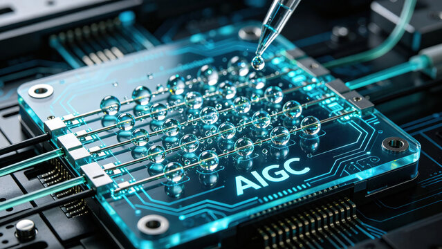 Digital microfluidic chip for biochemical analysis (manipulating micro-droplets electronically), featuring droplets moving across an electrode array.