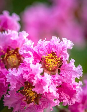 Vibrant pink crepe myrtle blooms in close-up