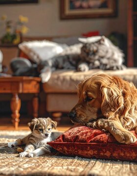 Golden retriever dog resting on red couch indoors.