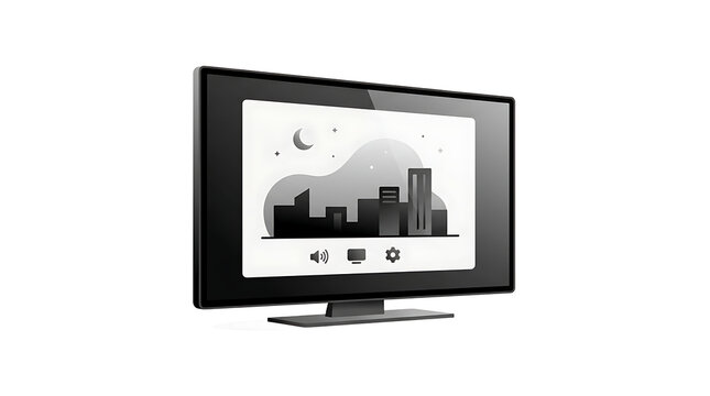 Television screen displaying a black and white cityscape with volume and settings on a white background, for entertainment media