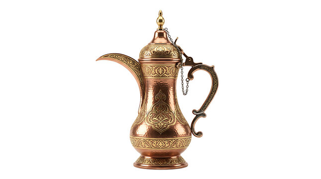 Traditional arabic copper dallah coffee pot with intricate engraved floral patterns and a metal chain, isolated on a plain white background